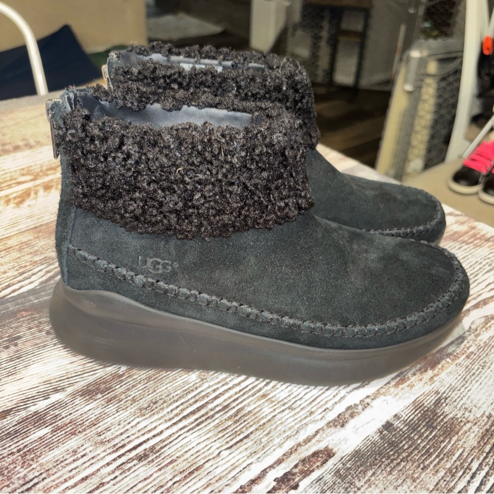 UGG Montrose Black Suede Ankle Boots with Fleece Cuff & zipper closure. Sz 6.5